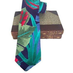 Hilo Hattie Tie Bright Blue Green Tropical Hawaiian Palm Print